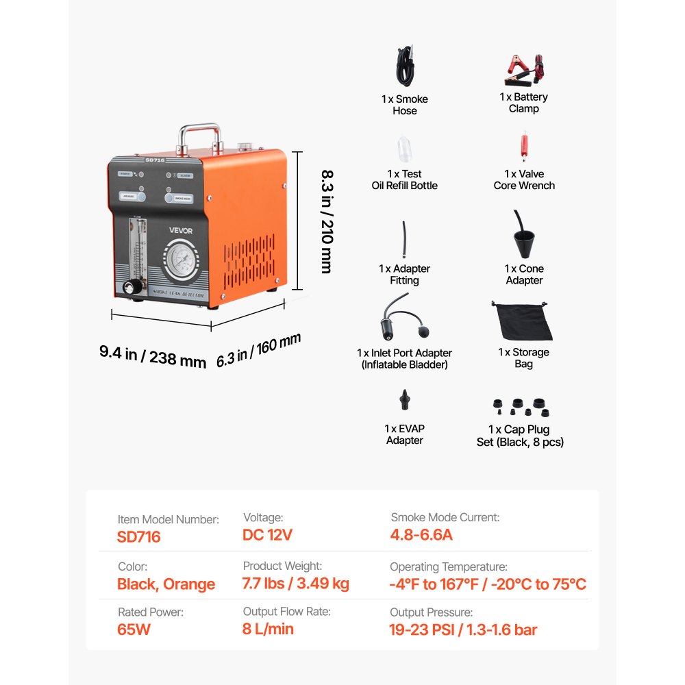 VEVOR Automotive Smoke Machine Leak Detector, DC 12V EVAP Vacuum Diagnostic Tester with Built-in Air Pump, Pressure Gauge & Flow Meter, Dual-Mode Detector for Cars, Motorcycles, Trucks, Boats, ATVs