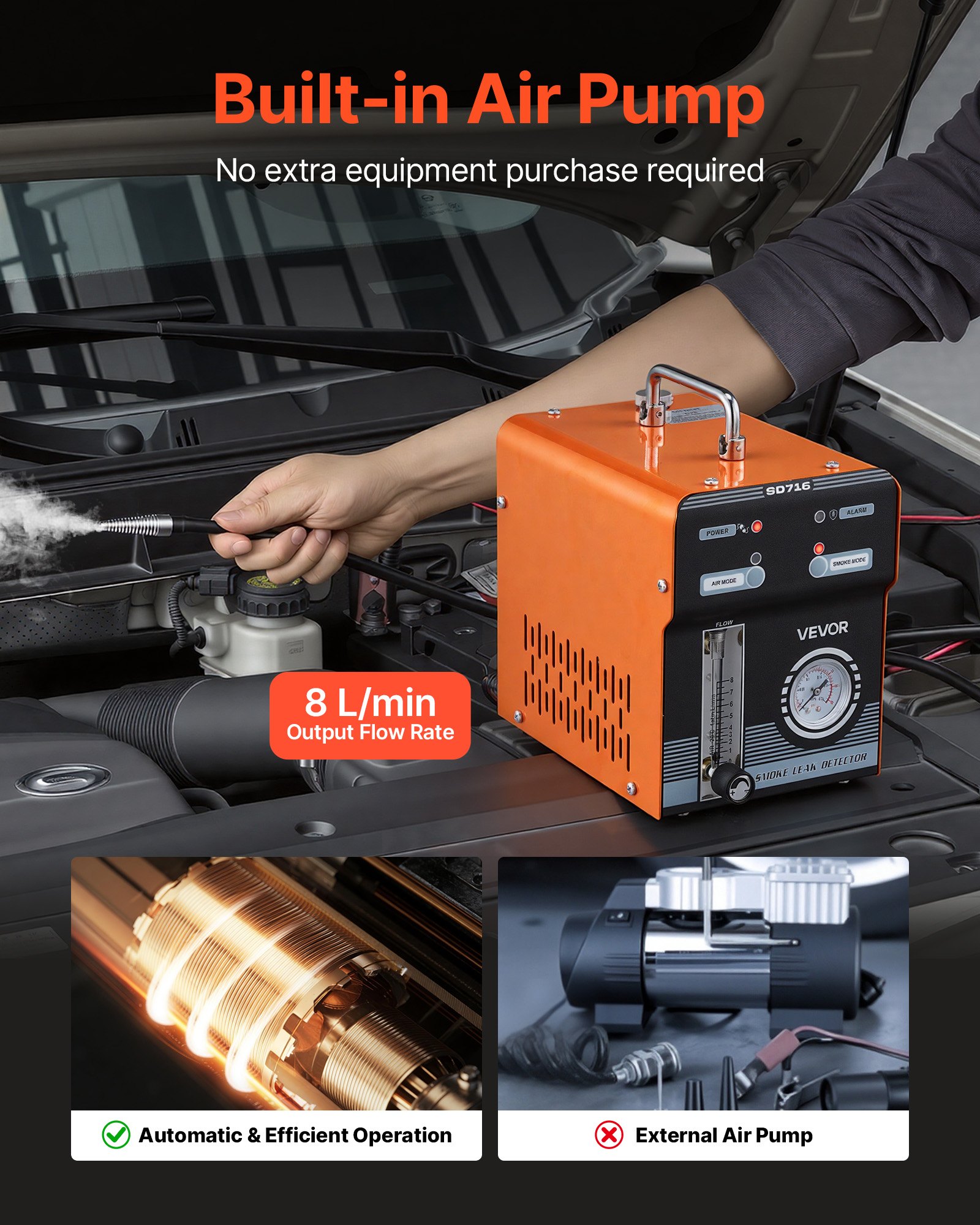 VEVOR Automotive Smoke Machine Leak Detector, DC 12V EVAP Vacuum Diagnostic Tester with Built-in Air Pump, Pressure Gauge & Flow Meter, Dual-Mode Detector for Cars, Motorcycles, Trucks, Boats, ATVs