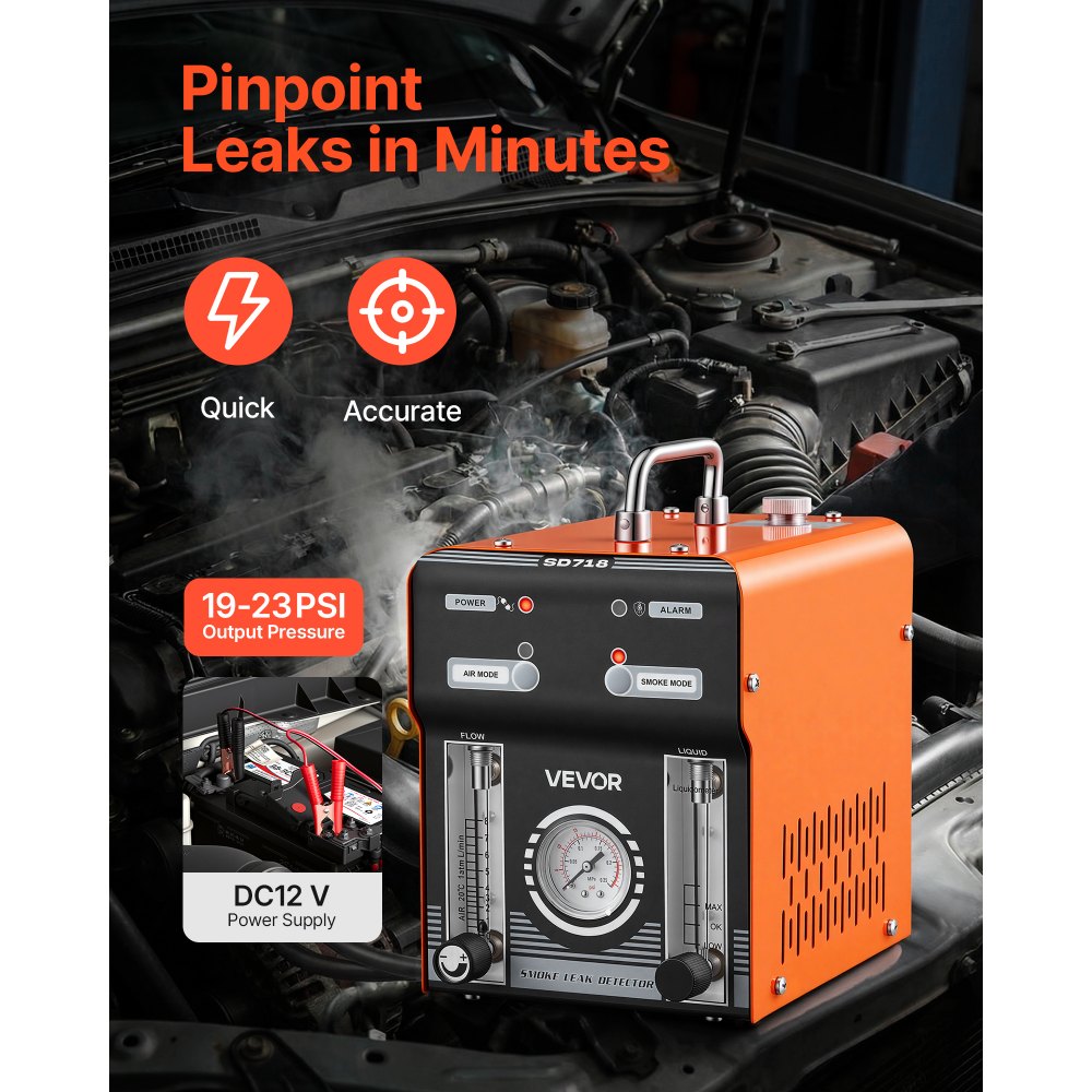 VEVOR Automotive Smoke Machine Leak Detector, DC 12V EVAP Vacuum Diagnostic Tester with Air Pump, Pressure Gauge, Flow Meter & Oil Level Gauge, Dual-Mode for Cars, Motorcycles, Trucks, Boats, ATVs