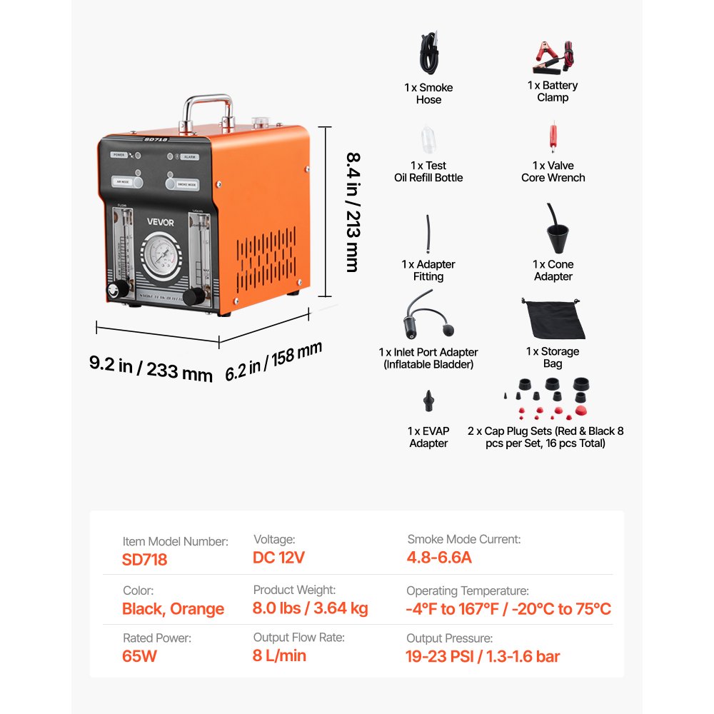 VEVOR Automotive Smoke Machine Leak Detector, DC 12V EVAP Vacuum Diagnostic Tester with Air Pump, Pressure Gauge, Flow Meter & Oil Level Gauge, Dual-Mode for Cars, Motorcycles, Trucks, Boats, ATVs