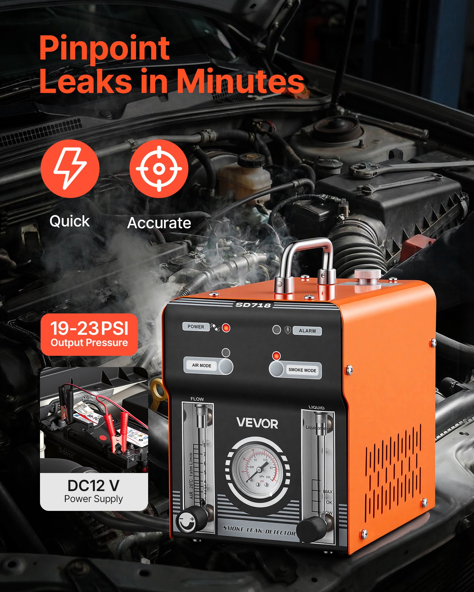 VEVOR Automotive Smoke Machine Leak Detector, DC 12V EVAP Vacuum Diagnostic Tester with Air Pump, Pressure Gauge, Flow Meter & Oil Level Gauge, Dual-Mode for Cars, Motorcycles, Trucks, Boats, ATVs