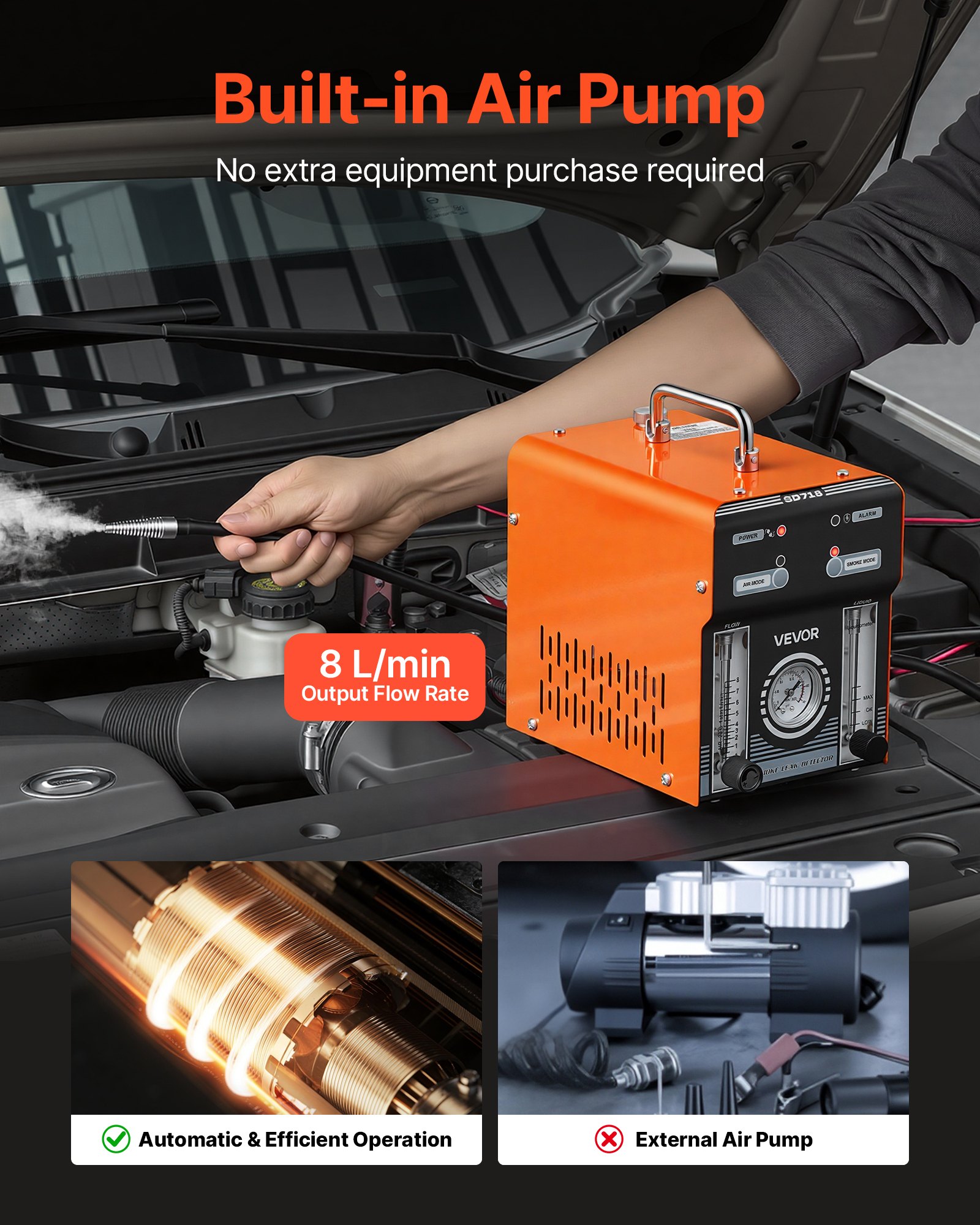 VEVOR Automotive Smoke Machine Leak Detector, DC 12V EVAP Vacuum Diagnostic Tester with Air Pump, Pressure Gauge, Flow Meter & Oil Level Gauge, Dual-Mode for Cars, Motorcycles, Trucks, Boats, ATVs