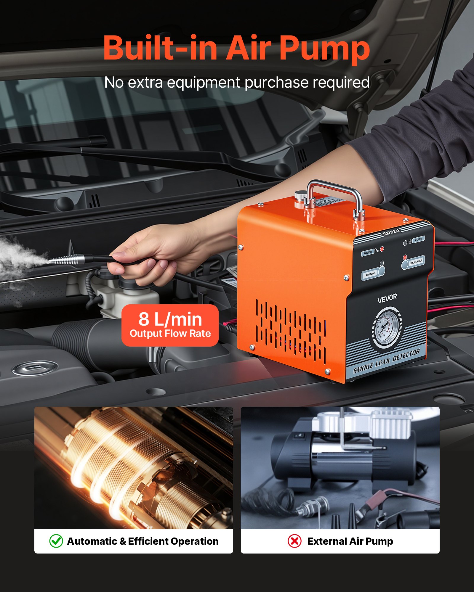 VEVOR Automotive Smoke Machine Leak Detector, DC 12V EVAP Vacuum Diagnostic Tester with Built-in Air Pump & Pressure Gauge, Dual-Mode Pipeline Fuel Detector for Cars, Motorcycles, Trucks, Boats, ATVs