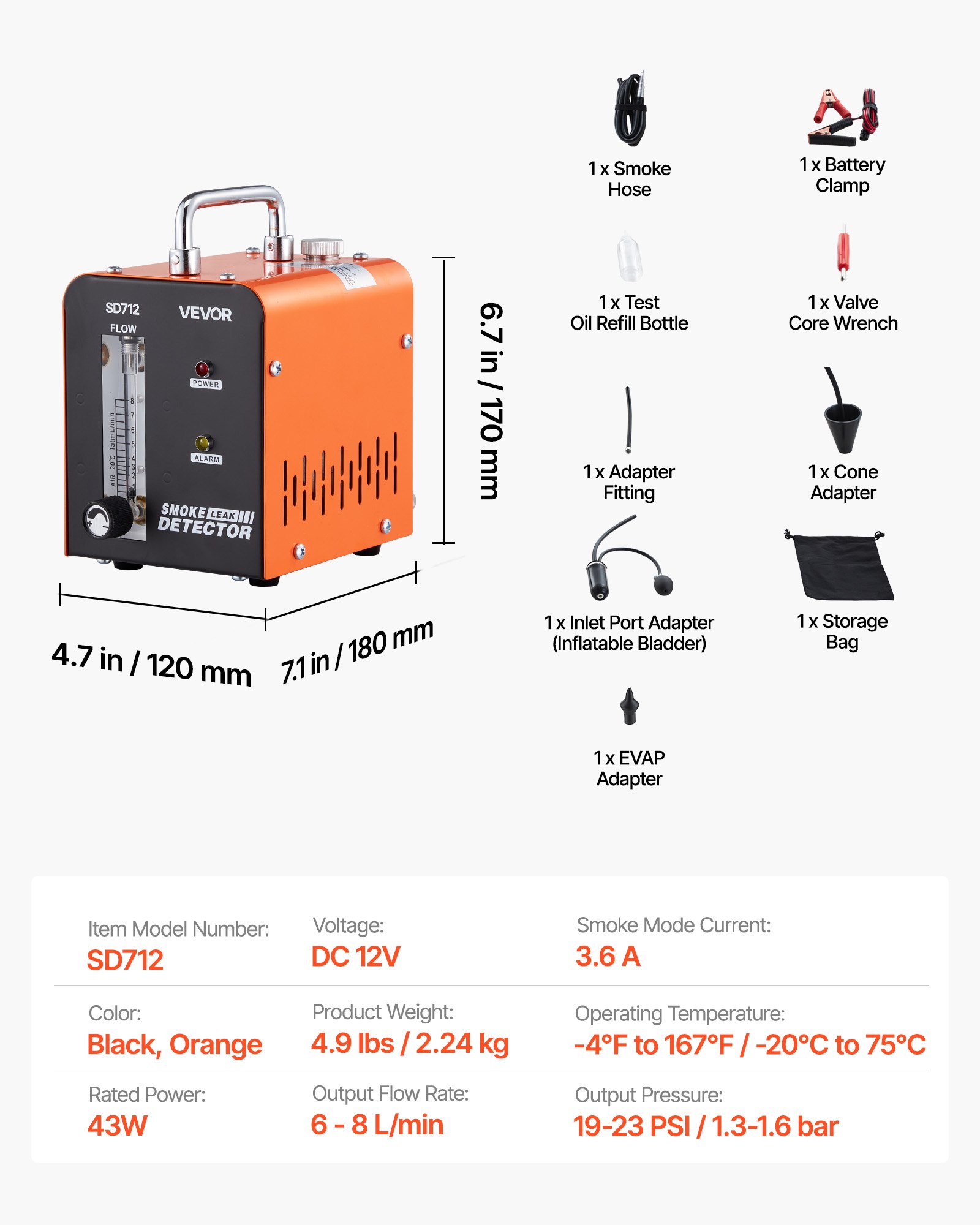 VEVOR Automotive Smoke Machine Leak Detector, DC 12V EVAP Vacuum Diagnostic Tester with Built-in Air Pump & Flow Meter, 1 PSI Vacuum Pipeline Fuel Diagnostic Detector for Cars, Motorcycles, Trucks