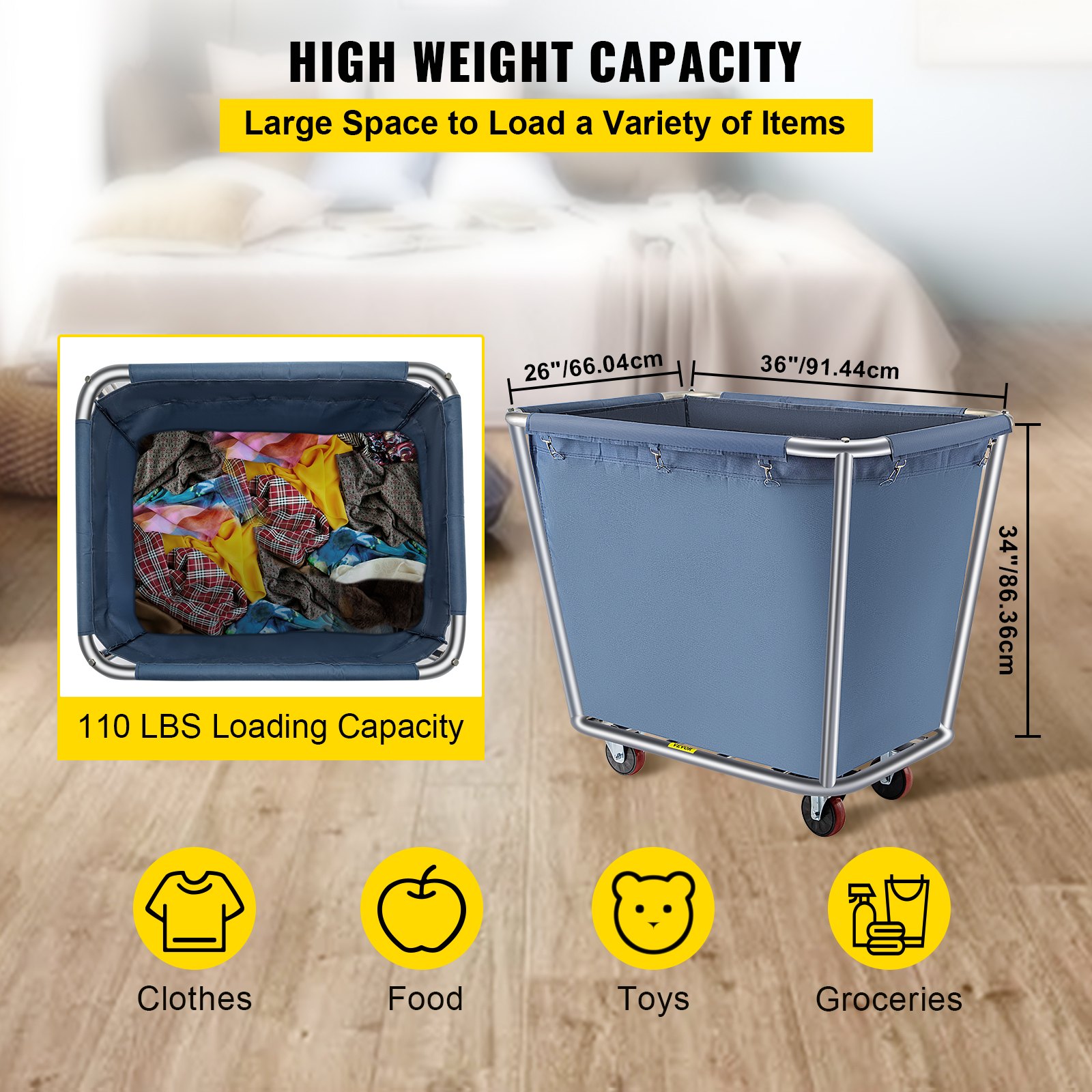 VEVOR Basket Truck, 12 Bushel Steel Canvas Laundry Basket, 3\" Diameter Wheels Truck Cap Basket, Canvas Laundry Cart Usually Used to Transport Clothes, Store Sundries Suitable for Hotel, Home