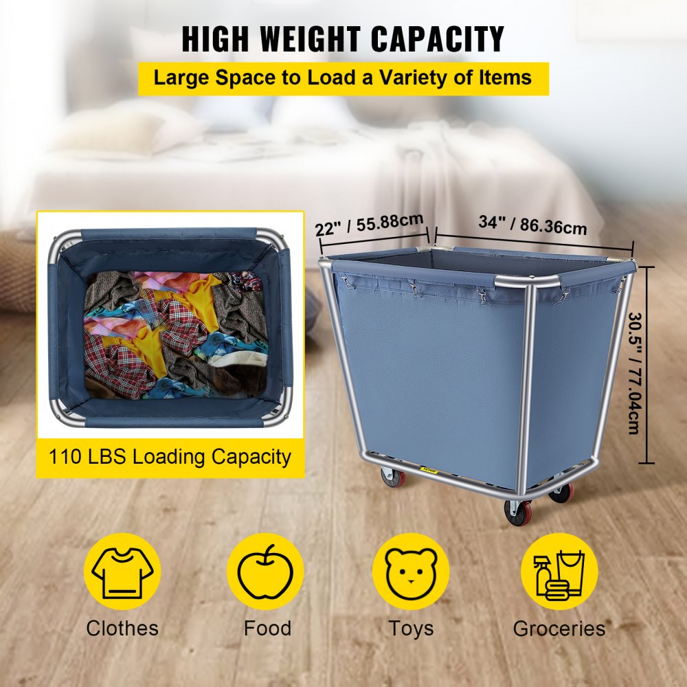 VEVOR Basket Truck, 8 Bushel Steel Canvas Laundry Basket, 3\" Diameter Wheels Truck Cap Basket Canvas Laundry Cart Usually Used to Transport Clothes, Store Sundries Suitable for Hotel, Home, Hospital