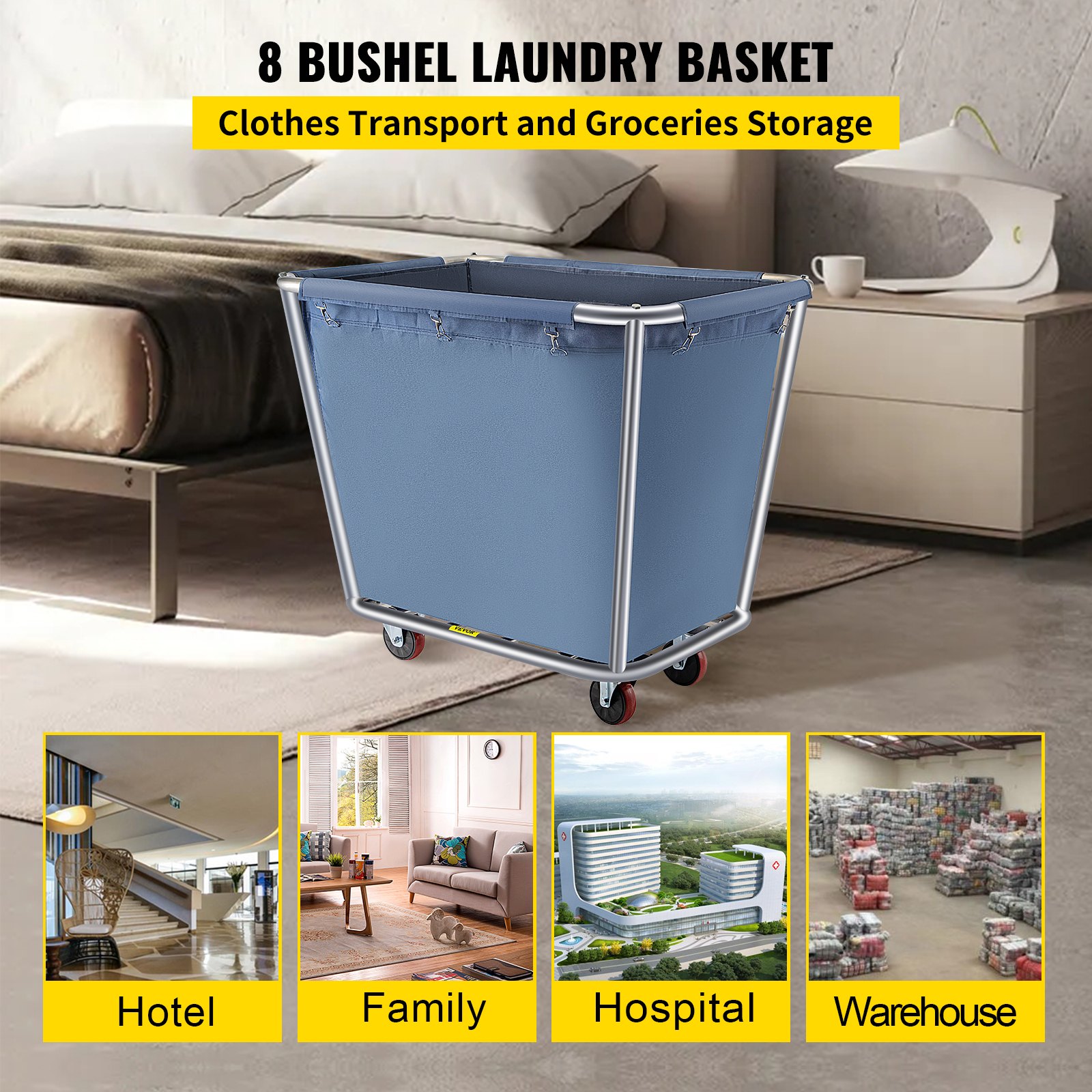 VEVOR Basket Truck, 8 Bushel Steel Canvas Laundry Basket, 3\" Diameter Wheels Truck Cap Basket Canvas Laundry Cart Usually Used to Transport Clothes, Store Sundries Suitable for Hotel, Home, Hospital