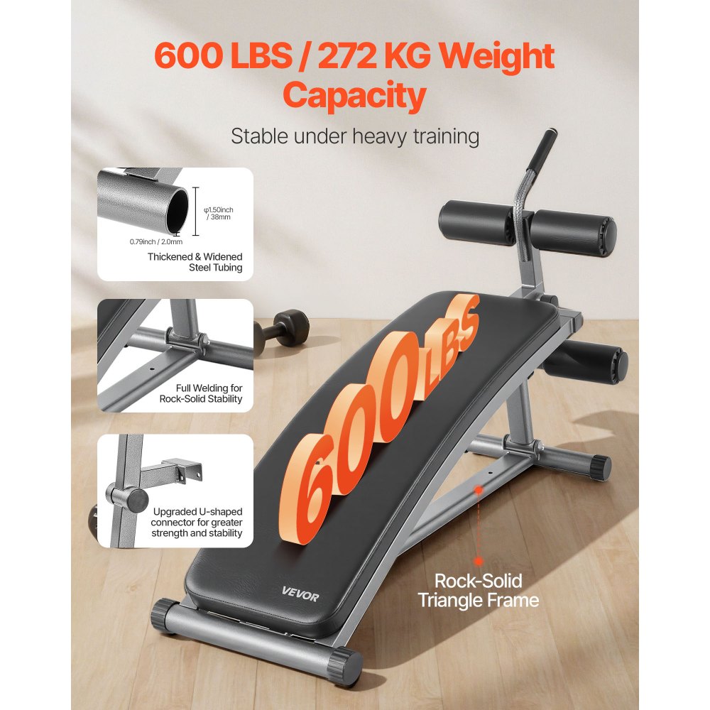 VEVOR Sit Up Bench, Curved Decline Ab Bench with Reverse Crunch Handle, with 6 Adjustable Height Setting, Heavy Duty Steel, 272 Kg Capacity for Home Gym Workouts, Strength Training, Full Body Muscles