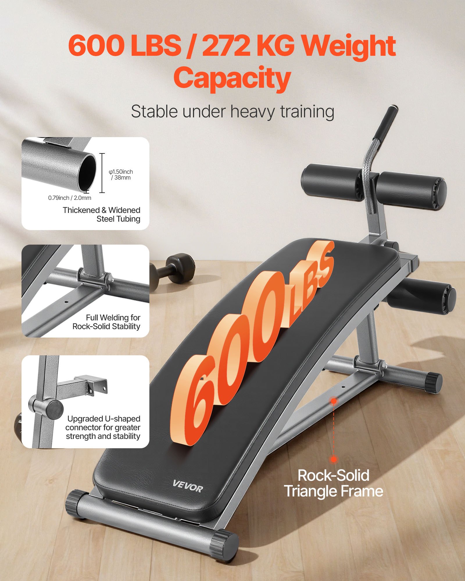 VEVOR Sit Up Bench, Curved Decline Ab Bench with Reverse Crunch Handle, with 6 Adjustable Height Setting, Heavy Duty Steel, 272 Kg Capacity for Home Gym Workouts, Strength Training, Full Body Muscles