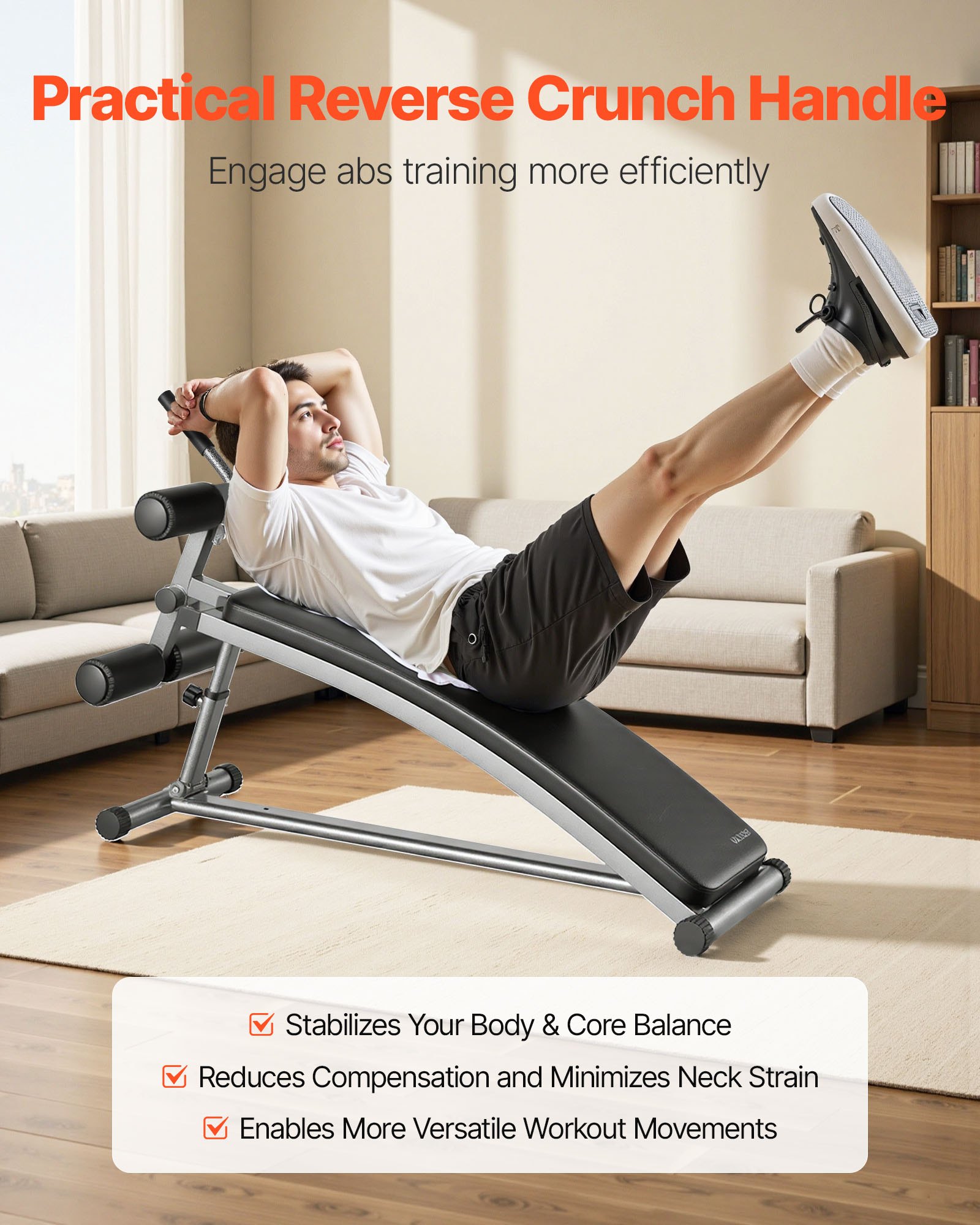 VEVOR Sit Up Bench, Curved Decline Ab Bench with Reverse Crunch Handle, with 6 Adjustable Height Setting, Heavy Duty Steel, 272 Kg Capacity for Home Gym Workouts, Strength Training, Full Body Muscles