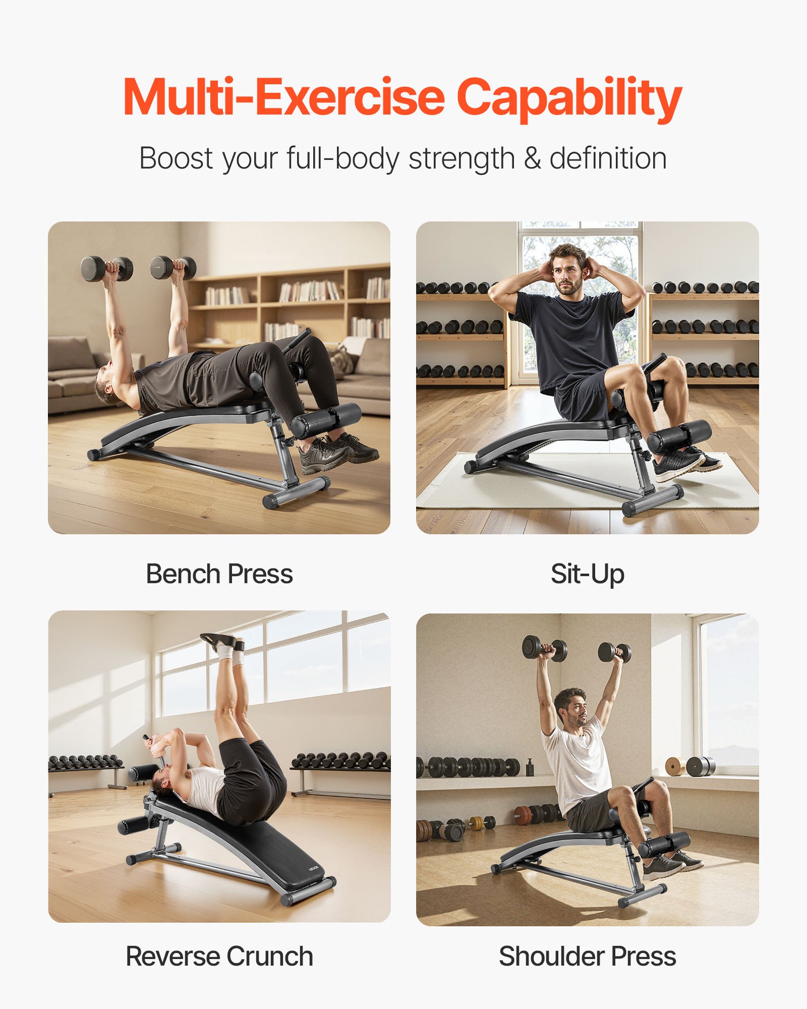 VEVOR Sit Up Bench, Curved Decline Ab Bench with Reverse Crunch Handle, with 6 Adjustable Height Setting, Heavy Duty Steel, 272 Kg Capacity for Home Gym Workouts, Strength Training, Full Body Muscles