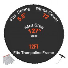 VEVOR Replacement Trampoline Mat, Jumping Mat Fits 12ft Frame, Universal Jumping Mat for 12ft Round Trampoline, Reinforce UV-Resistant Mat with Spring Tool & Durable V-Rings, Fit 5.5" Spring Length