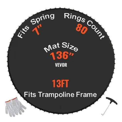 VEVOR Replacement Trampoline Mat, Jumping Mat Fits 13ft Frame, Universal Jumping Mat for 13ft Round Trampoline, Reinforce UV-Resistant Mat with Spring Tool & Durable V-Rings, Fit 7" Spring Length