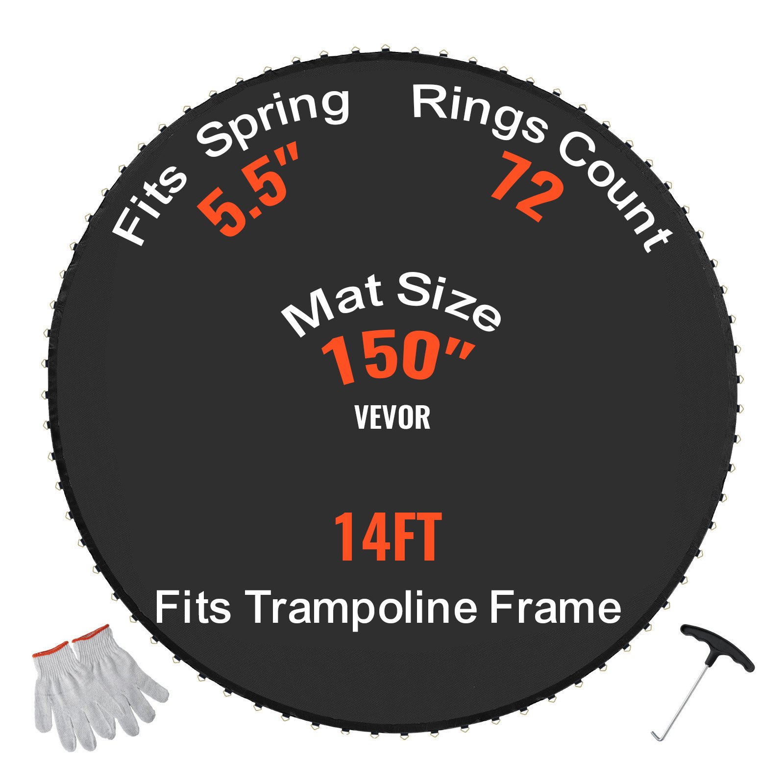 VEVOR Replacement Trampoline Mat, Jumping Mat Fits 14ft Frame, Universal Jumping Mat for 14ft Round Trampoline, Reinforce UV-Resistant Mat with Spring Tool & Durable V-Rings, Fit 5.5" Spring Length