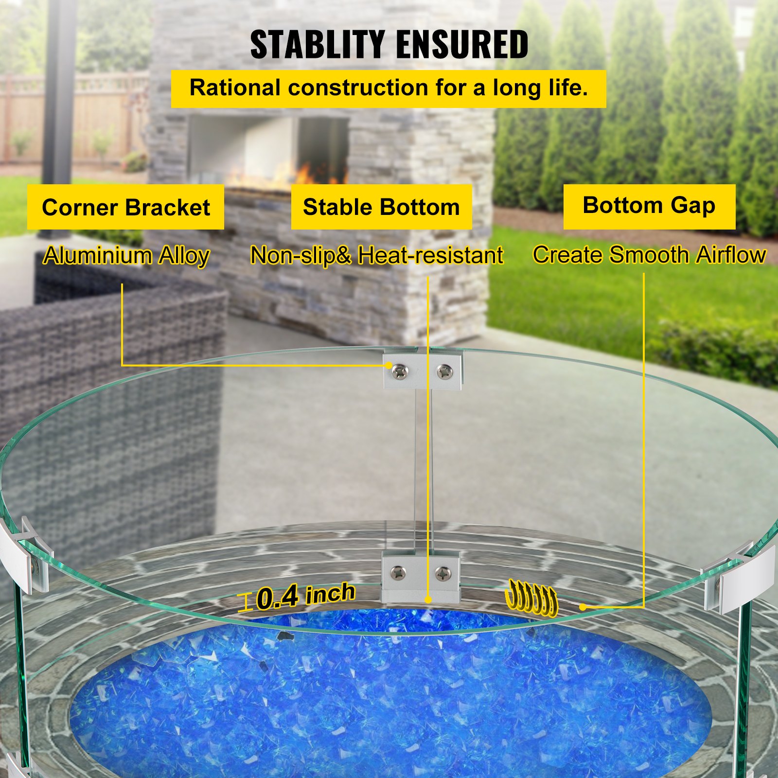 VEVOR Fire Pit Wind Guard Tempered Glass Flame Guard 17x17x6 In 1/4-In Thick