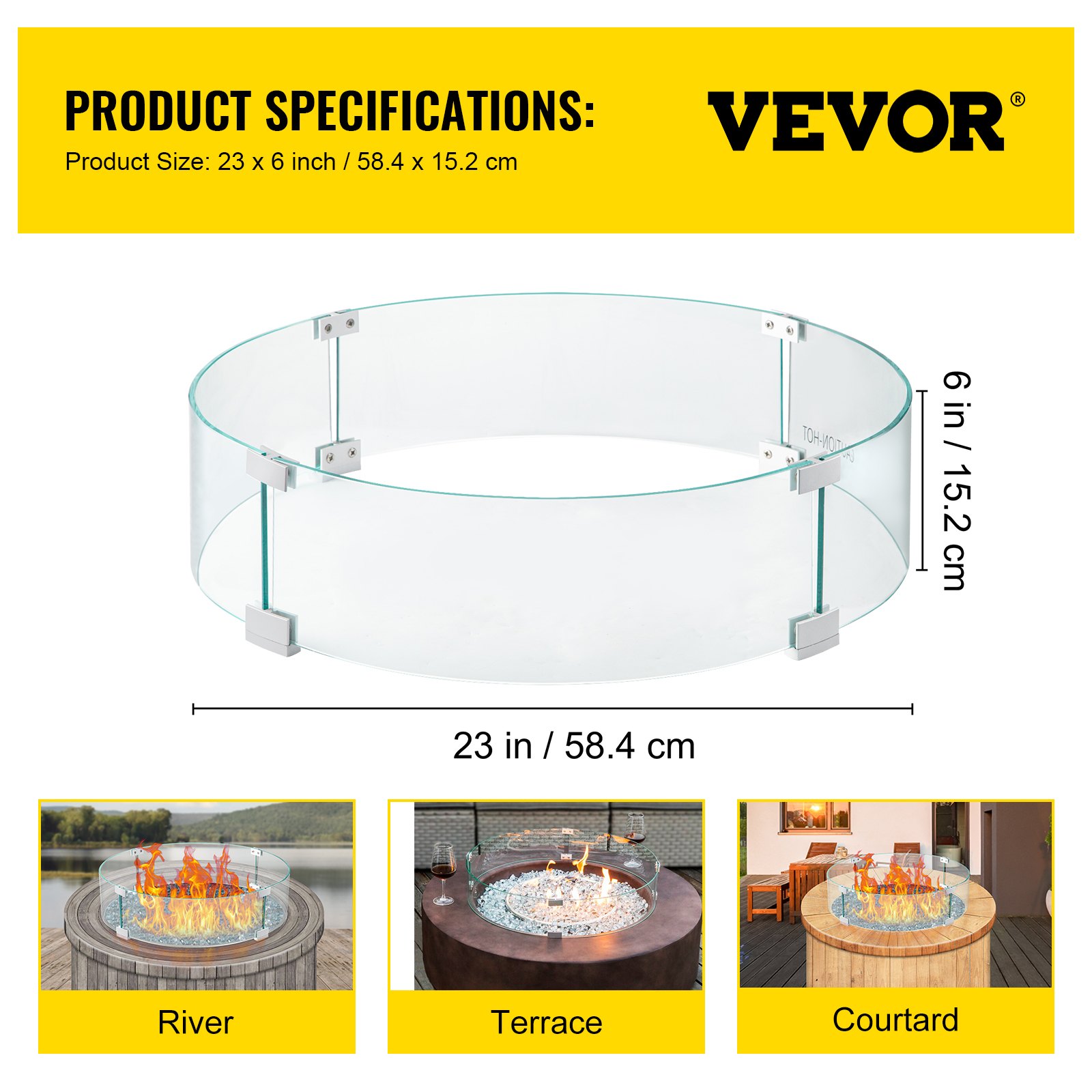 VEVOR Fire Pit Wind Guard Tempered Glass Flame Guard 23x6 In 0.24 In Thick