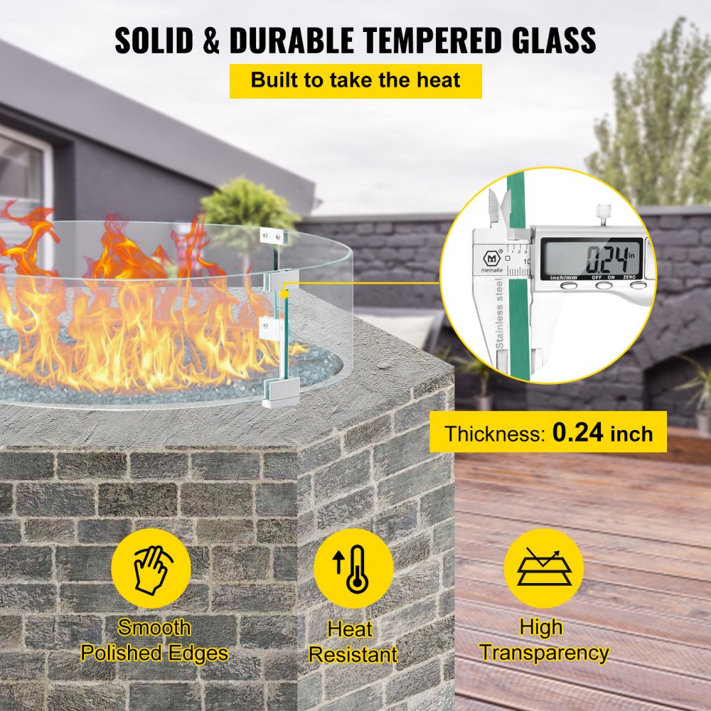 VEVOR Fire Pit Wind Guard, 24 x 24 x 6 inch Glass Flame Guard, Round Glass Shield, 1/4-Inch Thick Fire Table, Clear Tempered Glass Flame Guard, Aluminum Alloy Feet for Propane, Gas, Outdoor