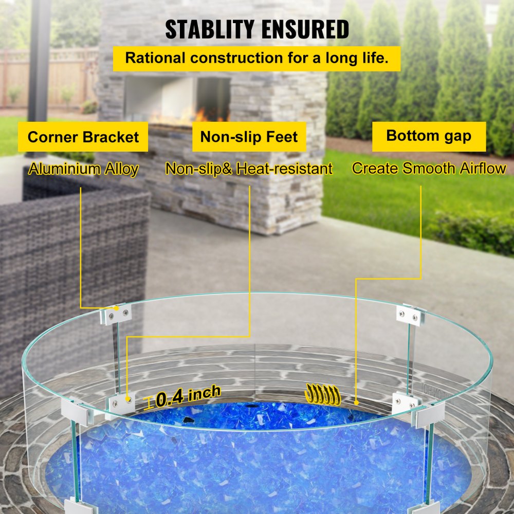 VEVOR Fire Pit Wind Guard, 24 x 24 x 6 inch Glass Flame Guard, Round Glass Shield, 1/4-Inch Thick Fire Table, Clear Tempered Glass Flame Guard, Aluminum Alloy Feet for Propane, Gas, Outdoor