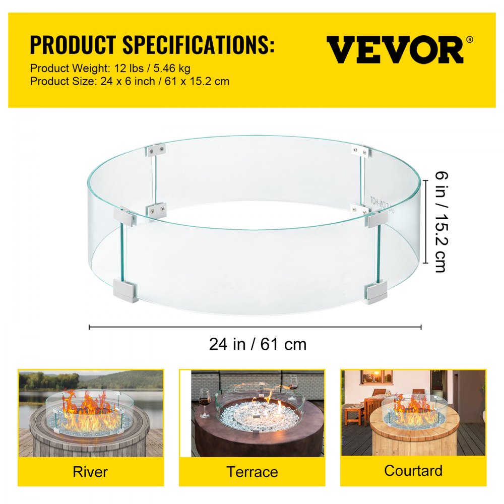 VEVOR Fire Pit Wind Guard, 24 x 24 x 6 inch Glass Flame Guard, Round Glass Shield, 1/4-Inch Thick Fire Table, Clear Tempered Glass Flame Guard, Aluminum Alloy Feet for Propane, Gas, Outdoor