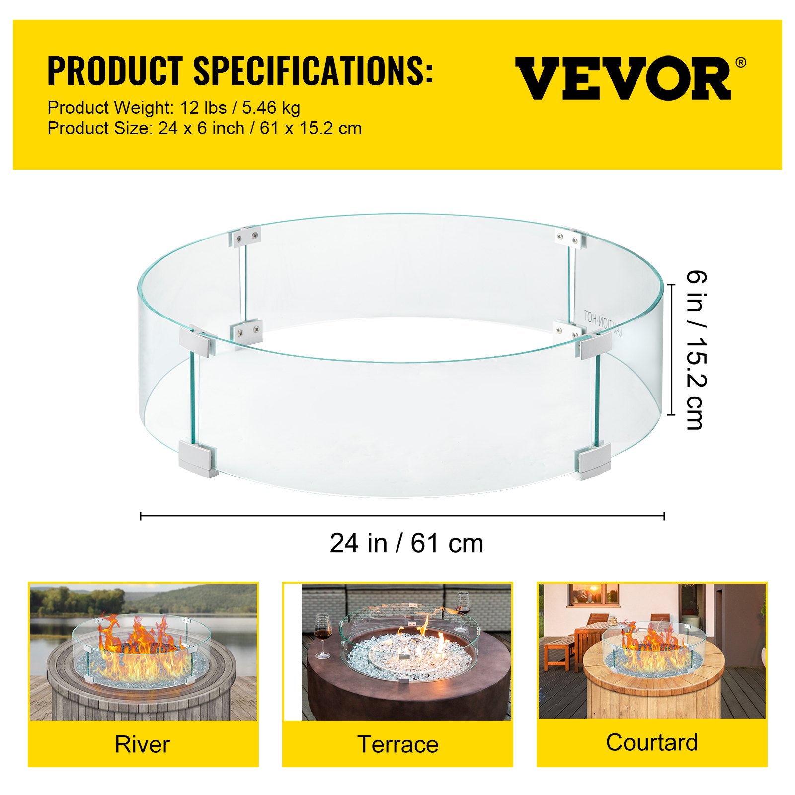 VEVOR Fire Pit Wind Guard Tempered Glass Flame Guard 24x24x6 In 1/4-In Thick
