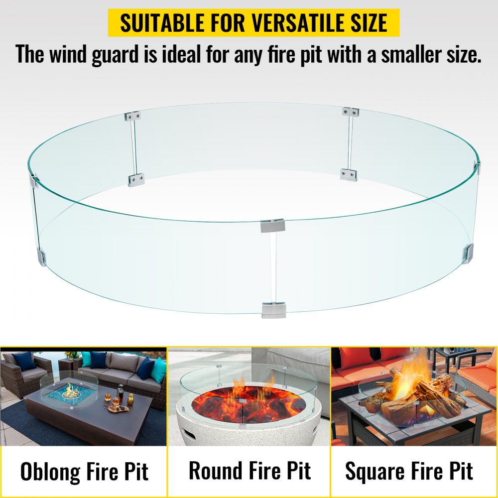 VEVOR Fire Pit Wind Guard, 41 x 41 x 8 Inch Glass Flame Guard, Round Glass Shield, 1/4-Inch Thick Fire Table, Clear Tempered Glass Flame Guard, Aluminum Alloy Feet for Propane, Gas, Outdoor