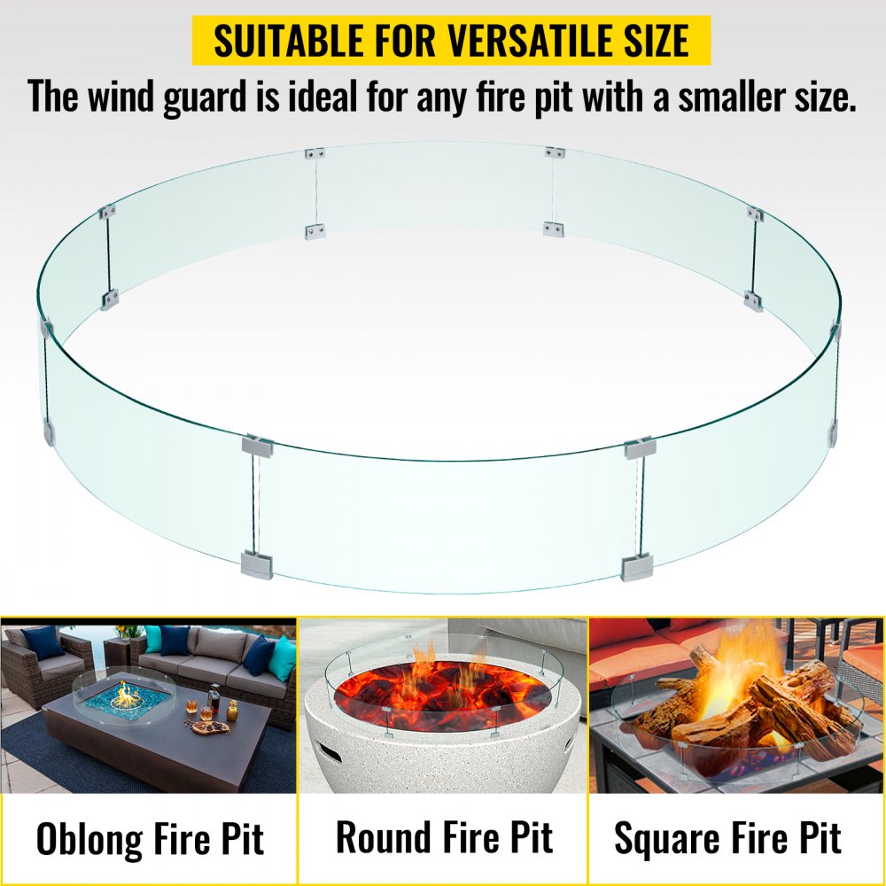 VEVOR Fire Pit Wind Guard, 59 x 59 x 7.9 inches Glass Flame Guard, Round Glass Shield, 1/4-Inch Thick Fire Table, Clear Tempered Glass Flame Guard, Aluminum Alloy Feet for Propane, Gas, Outdoor