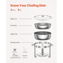 5 Qt 2 Pack Round Chafing Dish Buffet Set Full-Size Pan Stainless Steel Silver