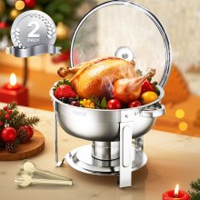 5 Qt 2 Pack Round Chafing Dish Buffet Set Full-Size Pan Stainless Steel Silver