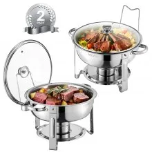VEVOR Chafing Dish Buffet Set, 5 Qt 2 Pack, Stainless Steel Chafer with 2 Full Size Pan, Round Catering Warmer Server with Glass Lid Water Pan Folding Stand Fuel Holder, for Wedding Party Banquet, Silver