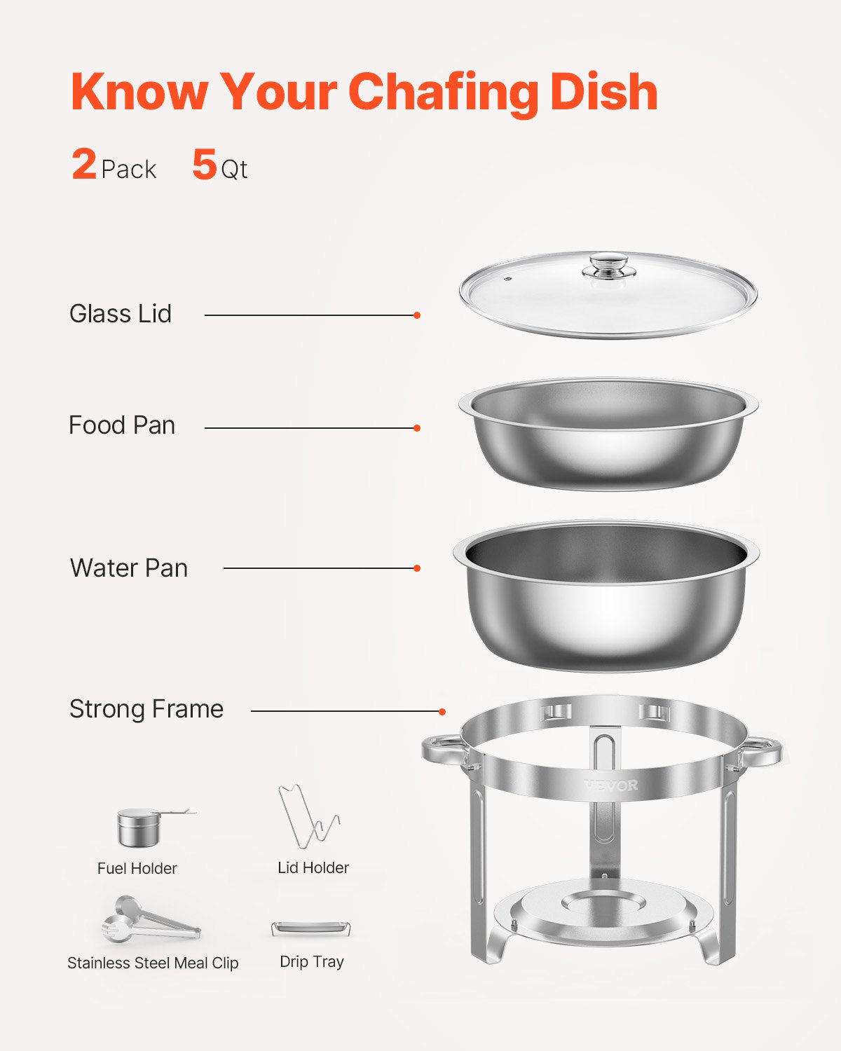VEVOR Chafing Dish Buffet Set, 5 Qt 2 Pack, Stainless Steel Chafer with 2 Full Size Pan, Round Catering Warmer Server with Glass Lid Water Pan Folding Stand Fuel Holder, for Wedding Party Banquet, Silver