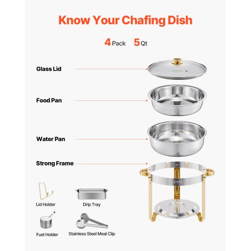 WARMOUNTS Round Chafing Dishes For Buffet With Glass Lid, 5QT 4 Pack Chafers And Buffet Warmers Set With Mirror-Polished Stainless Steel, Rolled Rim, Stackable, Lid Holder For Parties, Catering