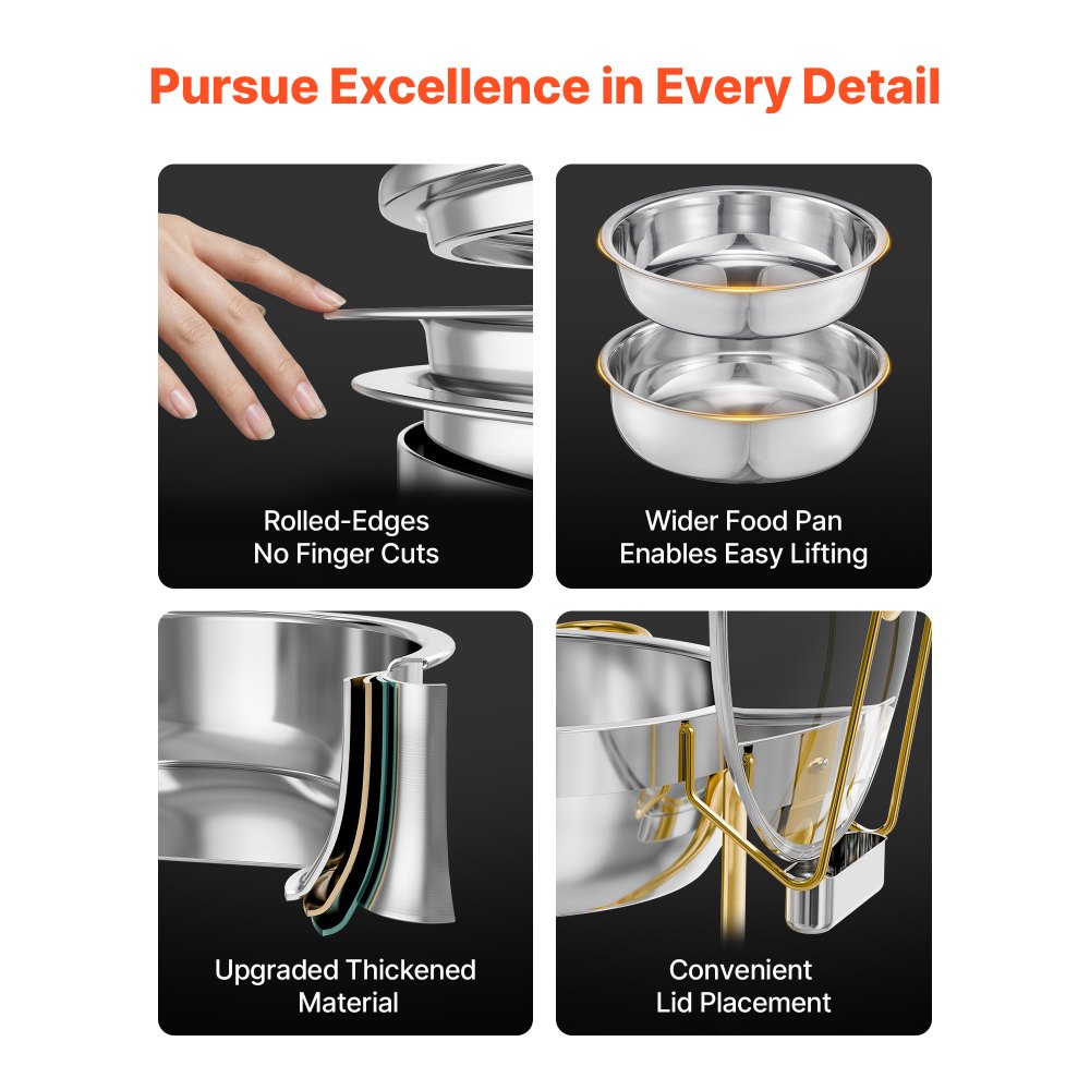 VEVOR Chafing Dish Buffet Set, 5 Qt 4 Pack, Stainless Steel Chafer with 4 Full Size Pan, Round Catering Warmer Server with Glass Lid Water Pan Folding Stand Fuel Holder, for Wedding Party Banquet, Gold