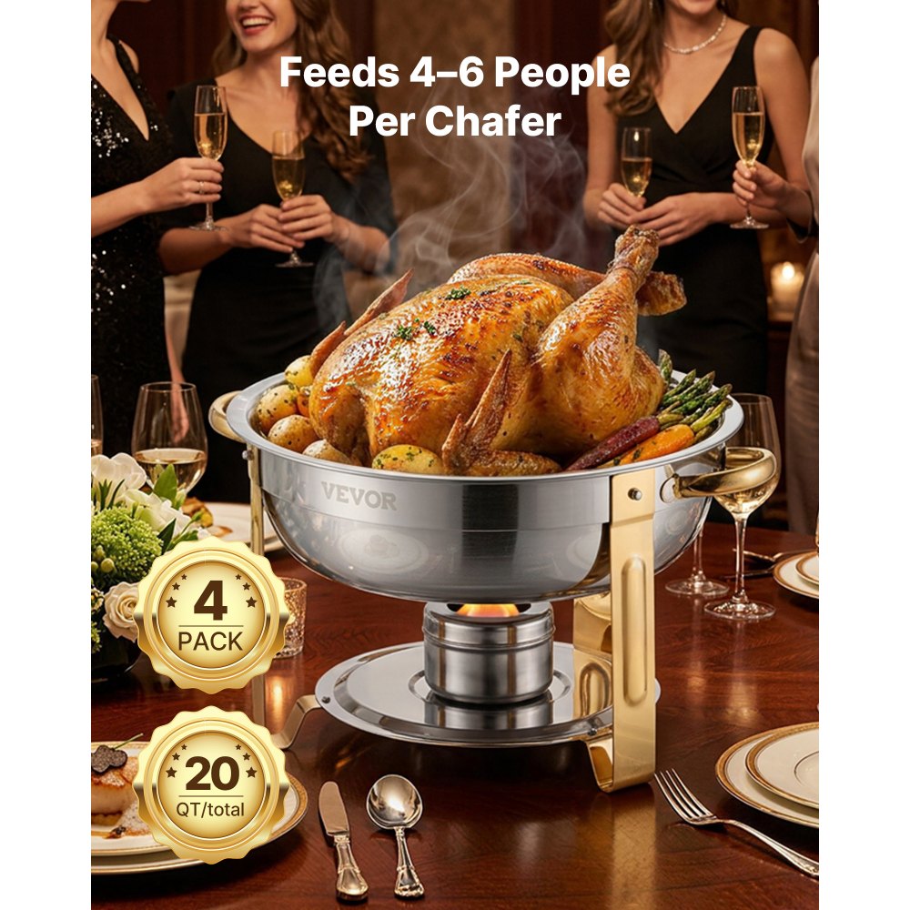 VEVOR Chafing Dish Buffet Set, 5 Qt 4 Pack, Stainless Steel Chafer with 4 Full Size Pan, Round Catering Warmer Server with Glass Lid Water Pan Folding Stand Fuel Holder, for Wedding Party Banquet, Gold