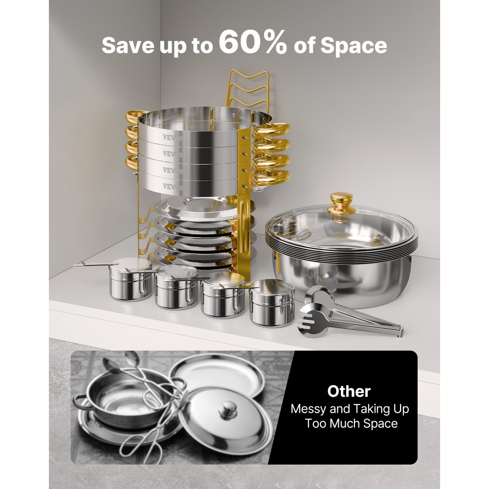 VEVOR Chafing Dish Buffet Set, 5 Qt 4 Pack, Stainless Steel Chafer with 4 Full Size Pan, Round Catering Warmer Server with Glass Lid Water Pan Folding Stand Fuel Holder, for Wedding Party Banquet, Gold