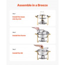 5 Qt 4 Pack Round Chafing Dish Buffet Set Full-Size Pan Stainless Steel Gold