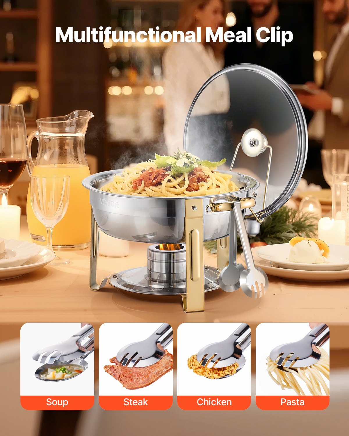 VEVOR Chafing Dish Buffet Set, 5 Qt 4 Pack, Stainless Steel Chafer with 4 Full Size Pan, Round Catering Warmer Server with Glass Lid Water Pan Folding Stand Fuel Holder, for Wedding Party Banquet, Gold
