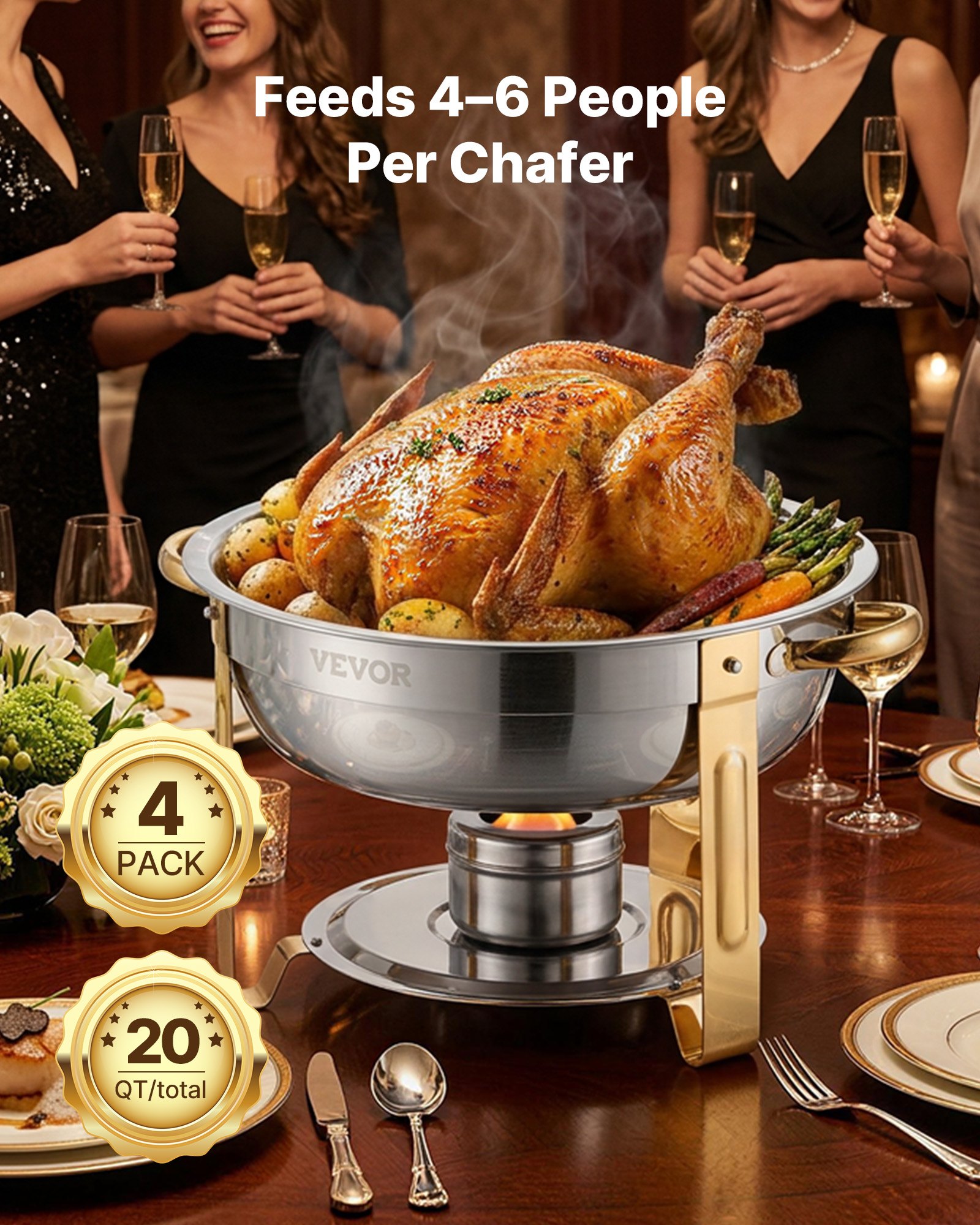 VEVOR Chafing Dish Buffet Set, 5 Qt 4 Pack, Stainless Steel Chafer with 4 Full Size Pan, Round Catering Warmer Server with Glass Lid Water Pan Folding Stand Fuel Holder, for Wedding Party Banquet, Gold