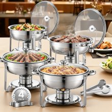 VEVOR Chafing Dish Buffet Set, 5 Qt 4 Pack, Stainless Steel Chafer with 4 Full Size Pan, Round Catering Warmer Server with Glass Lid Water Pan Folding Stand Fuel Holder, for Wedding Party Banquet