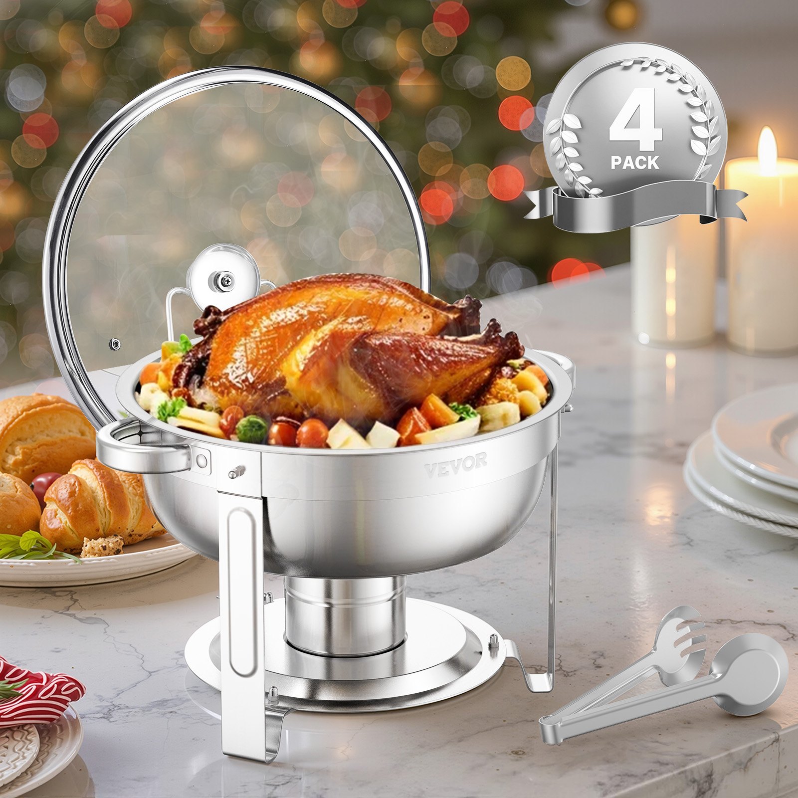 VEVOR Chafing Dish Buffet Set, 5 Qt 4 Pack, Stainless Steel Chafer with 4 Full Size Pan, Round Catering Warmer Server with Glass Lid Water Pan Folding Stand Fuel Holder, for Wedding Party Banquet