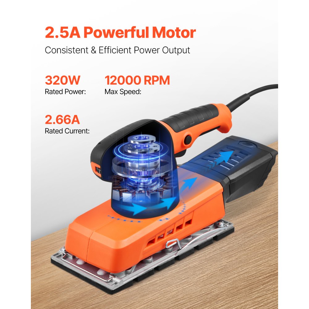 VEVOR Sheet Sander, 1/2 Sheet 2.5A Electric Sander for Woodworking, Max. 12000RPM Variable Speed Sheet Finishing Sander with Sandpaper and Dust Box for Wood Polishing Sanding