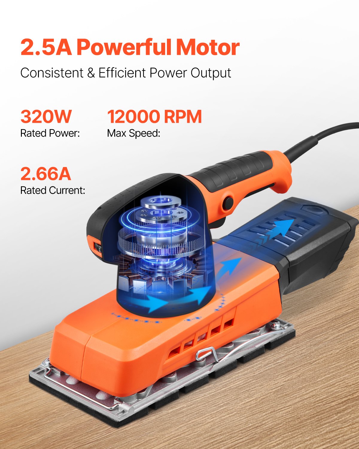 VEVOR Sheet Sander, 1/2 Sheet 2.5A Electric Sander for Woodworking, Max. 12000RPM Variable Speed Sheet Finishing Sander with Sandpaper and Dust Box for Wood Polishing Sanding