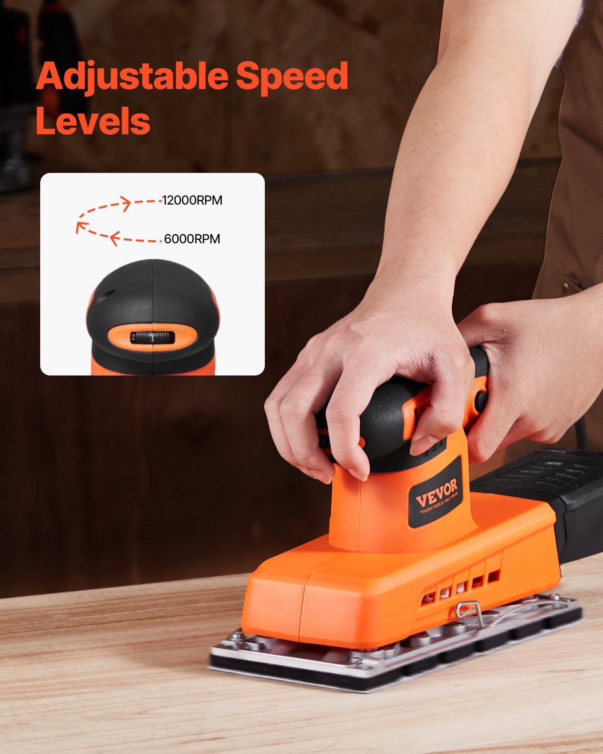 VEVOR Sheet Sander, 1/2 Sheet 2.5A Electric Sander for Woodworking, Max. 12000RPM Variable Speed Sheet Finishing Sander with Sandpaper and Dust Box for Wood Polishing Sanding