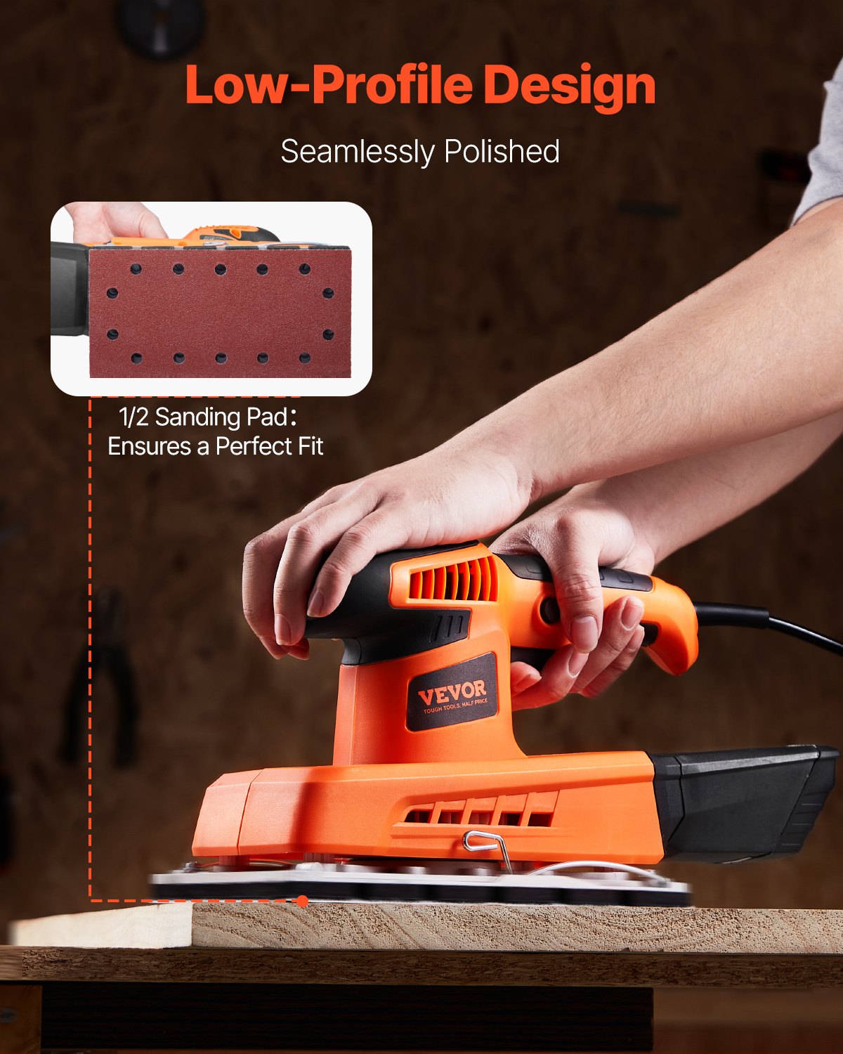 VEVOR Sheet Sander, 1/2 Sheet 2.5A Electric Sander for Woodworking, Max. 12000RPM Variable Speed Sheet Finishing Sander with Sandpaper and Dust Box for Wood Polishing Sanding