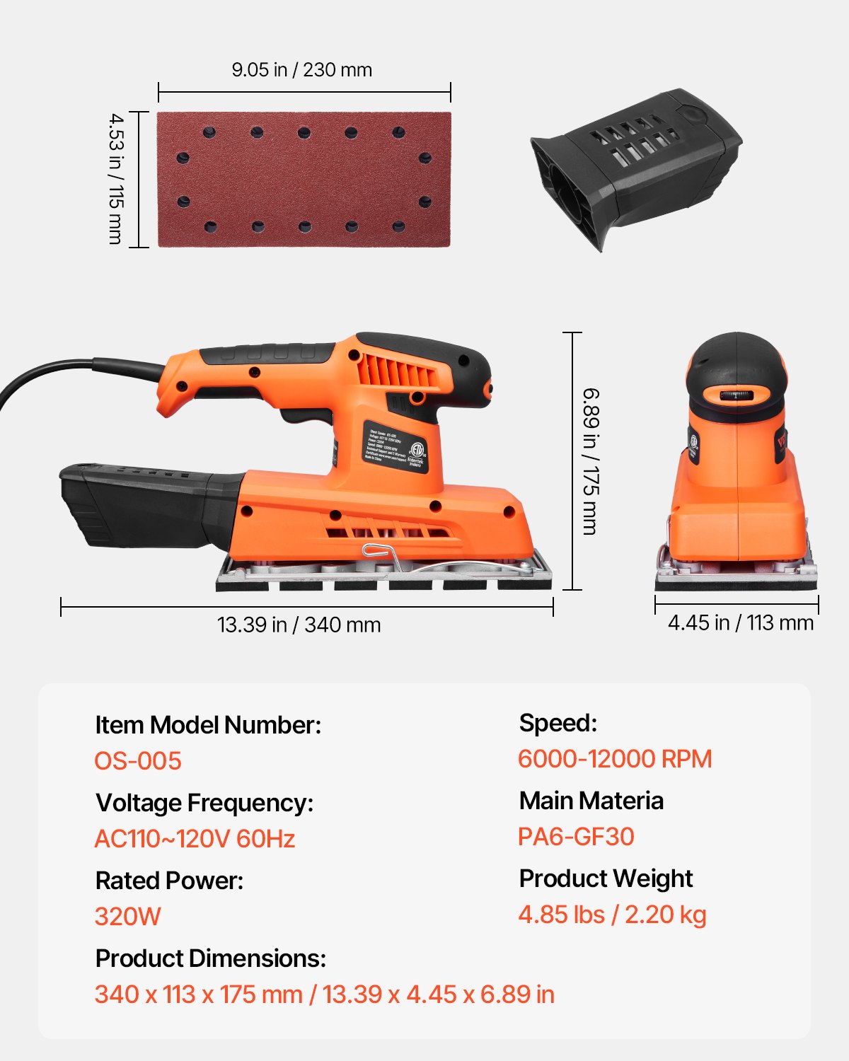 VEVOR Sheet Sander, 1/2 Sheet 2.5A Electric Sander for Woodworking, Max. 12000RPM Variable Speed Sheet Finishing Sander with Sandpaper and Dust Box for Wood Polishing Sanding
