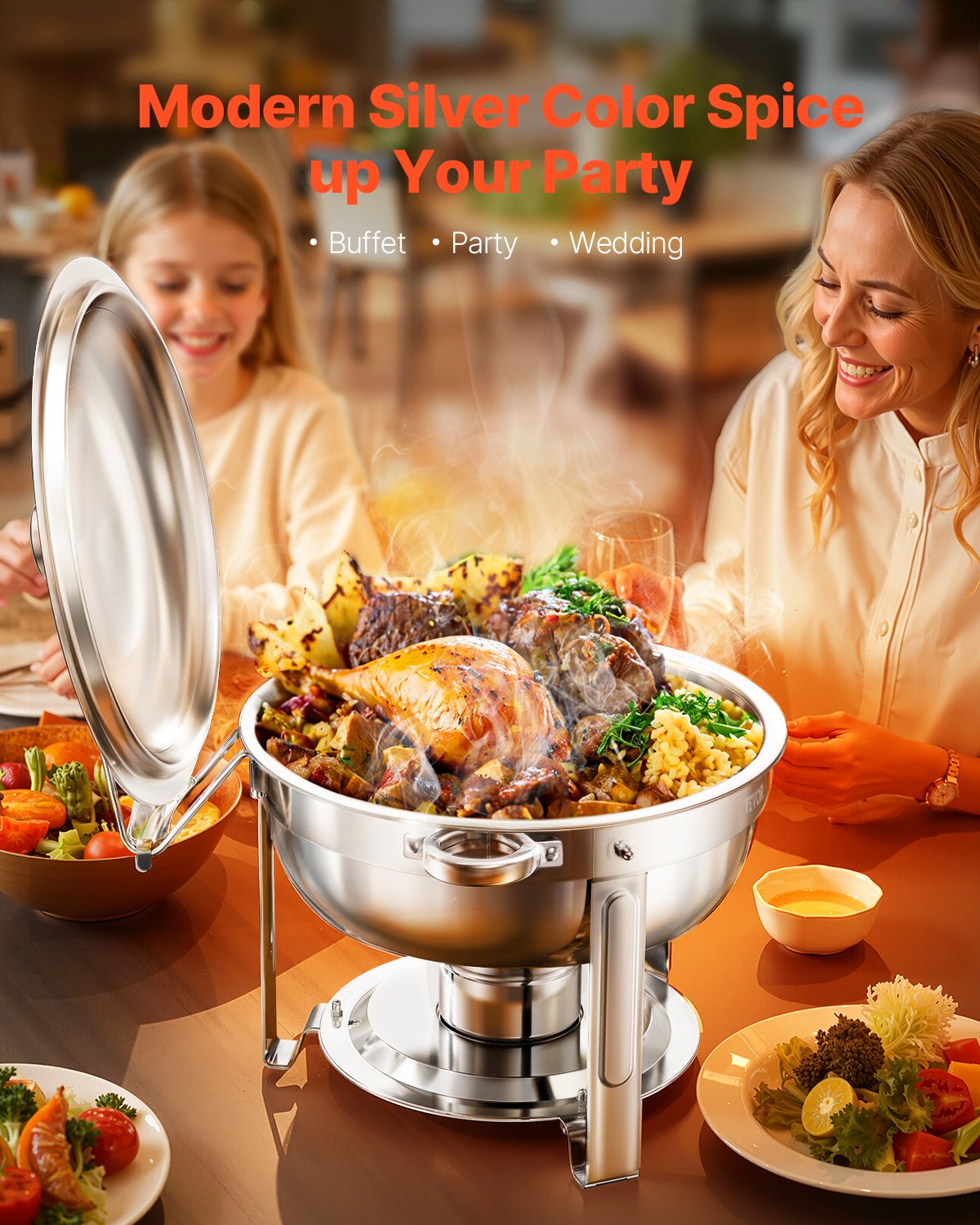 VEVOR Chafing Dish Buffet Set, 5 Qt 2 Pack, Stainless Steel Chafer with 2 Full Size Pans, Round Catering Warmer Server with Lid Water Pan Folding Stand Clip, for Weddings Parties Banquets, Silver