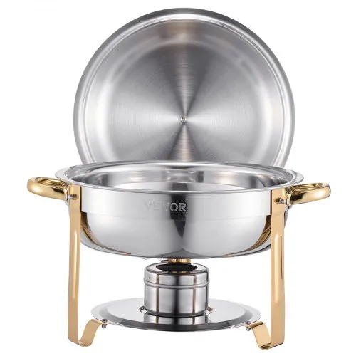 WARMOUNTS Chafing Dish Buffet 5L 2er Set Gold, Rund Speisenwärmer für Catering mit Glasdeckel & Deckelhalter, Stapelbar Hochglanzpoliert Edelstahl Lebensmittelecht für Feiern, Hochzeit, Events