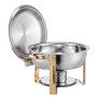 VEVOR Chafing Dish Buffet Set, 5 Qt 4 Pack, Stainless Steel Chafer with 4 Full Size Pans, Round Catering Warmer Server with Lid Water Pan Folding Stand Clip, for Weddings Parties Banquets, Gold