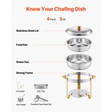 5 Qt 4 Pack Round Chafing Dish Buffet Set Full-Size Pan Stainless Steel Gold