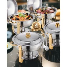 5 Qt 4 Pack Round Chafing Dish Buffet Set Full-Size Pan Stainless Steel Gold