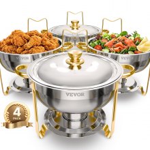 VEVOR Chafing Dish Buffet Set, 5 Qt 4 Pack, Stainless Steel Chafer with 4 Full Size Pans, Round Catering Warmer Server with Lid Water Pan Folding Stand Clip, for Weddings Parties Banquets, Gold